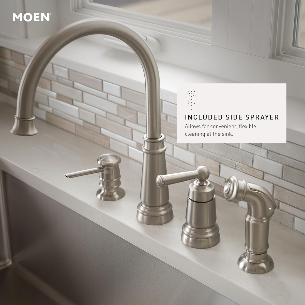 Moen 87042BRB pull-down sprayer for flexible rinsing and filling.
