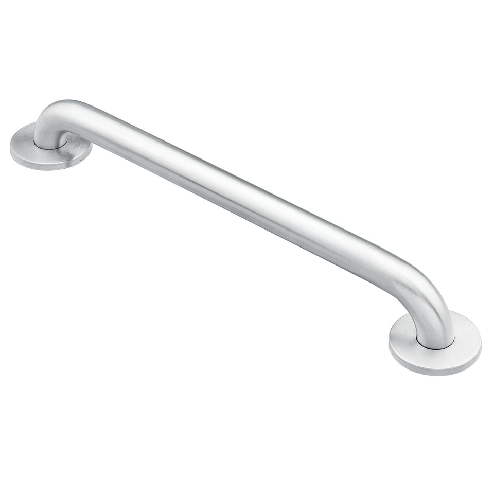 Moen 18-Inch grab bar in stainless steel provides secure support in tub and shower.