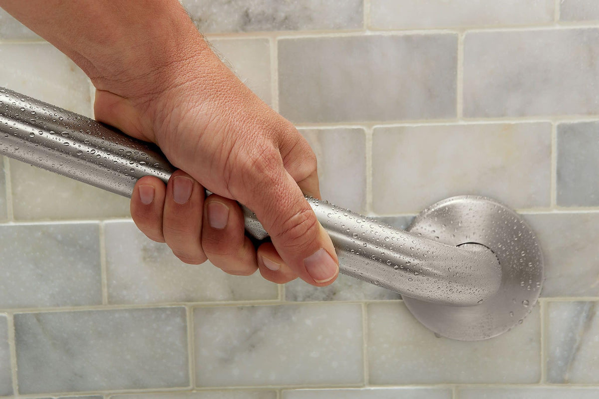 Stainless finish coordinates with Moen bathroom hardware and resists corrosion.