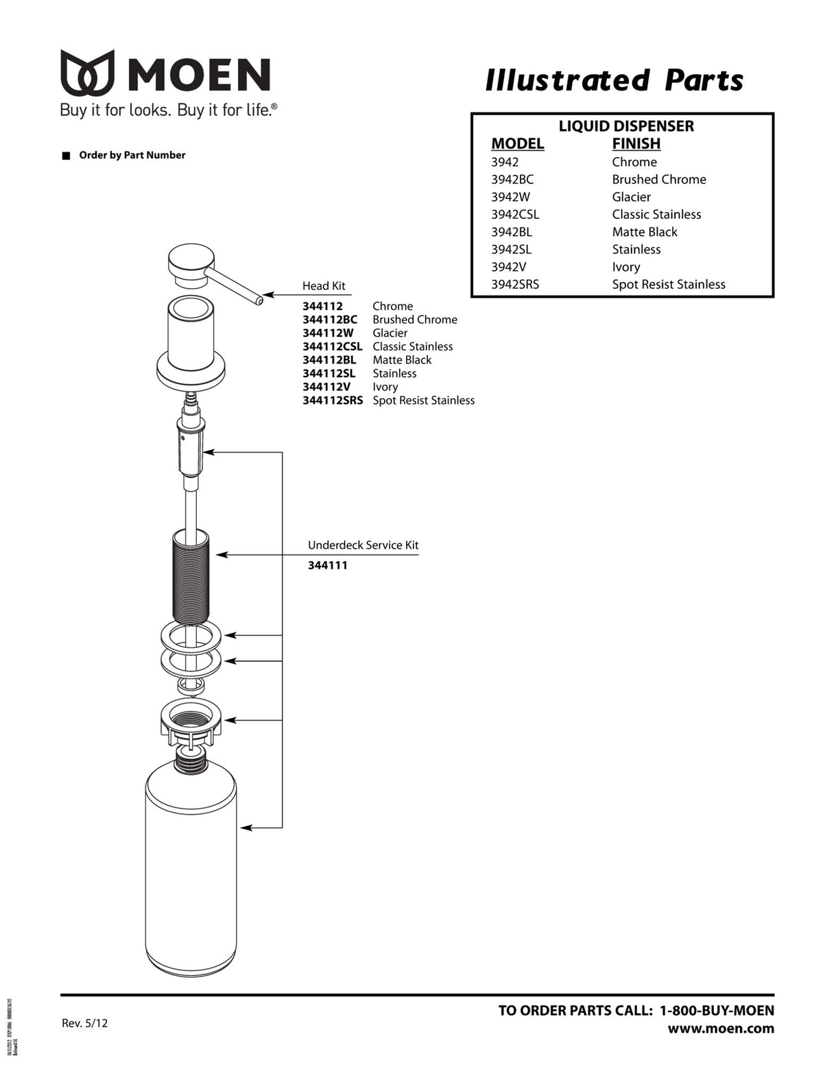 Moen refillable 18-ounce bottle above the sink for easy replenishment.