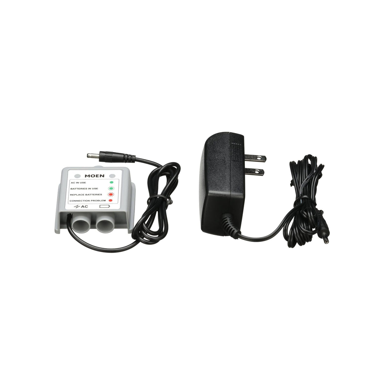 Moen AC adapter attached to MotionSense control box for uninterrupted faucet operation.