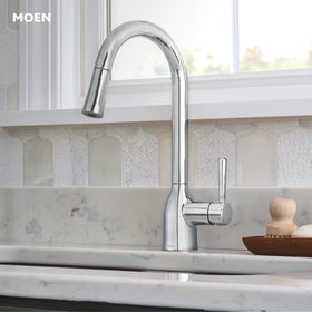 Moen Adler versatile design fits single or triple-hole sinks.