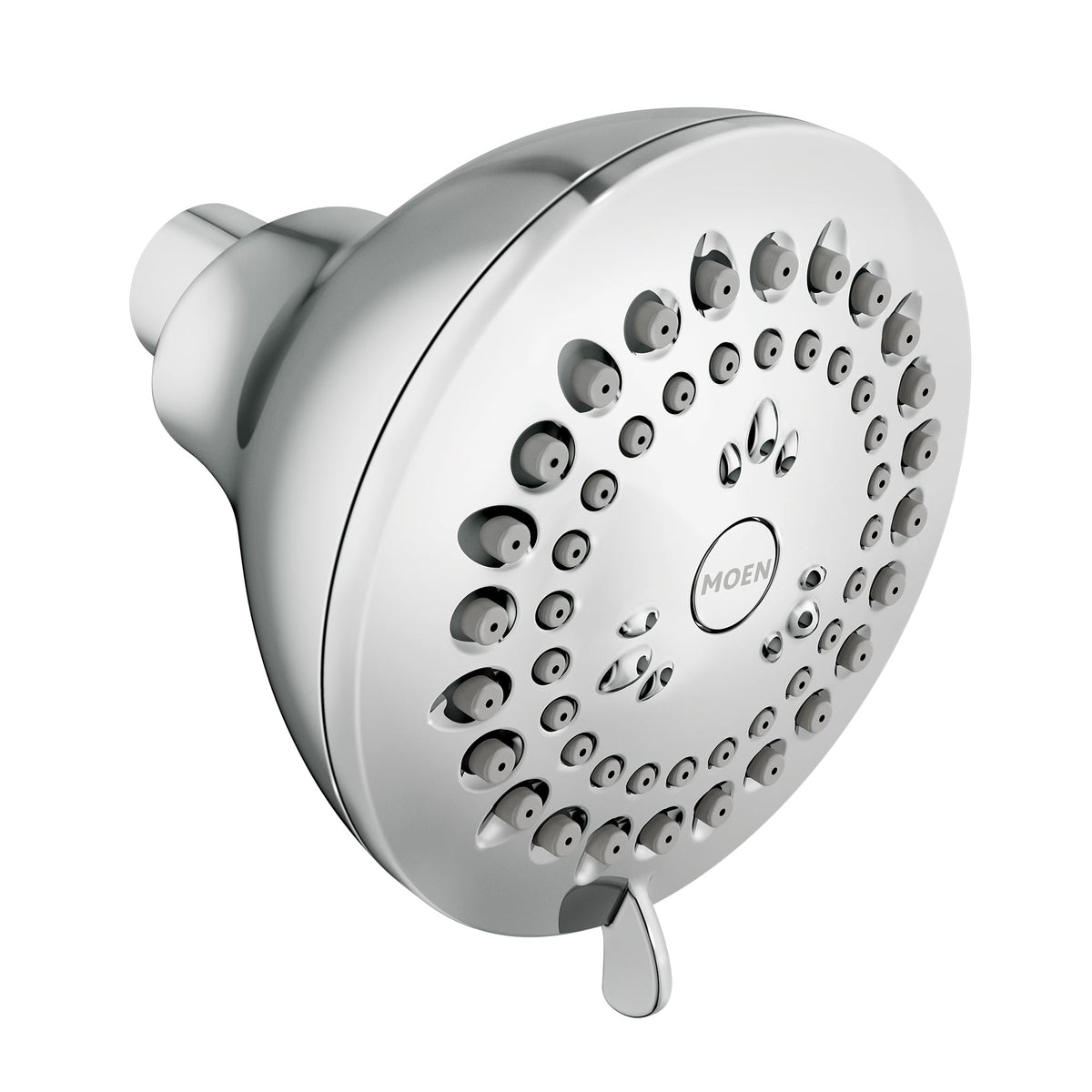 Moen Adler chrome showerhead front view showcases sleek design and four customizable spray options.