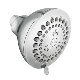Moen Adler chrome showerhead front view showcases sleek design and four customizable spray options.