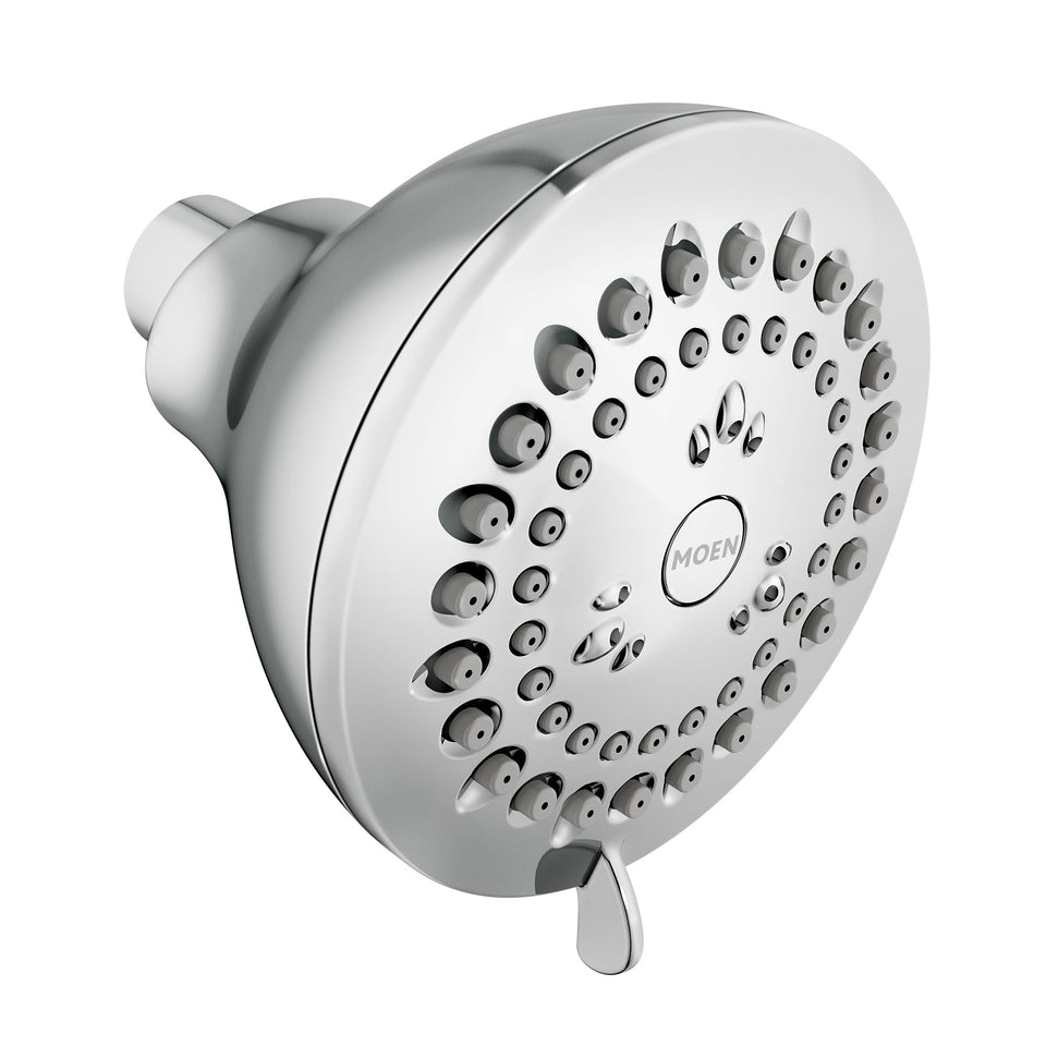 Moen Adler chrome showerhead front view showcases sleek design and four customizable spray options.