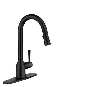 Moen Adler matte black one-handle faucet, a sleek modern centerpiece.
