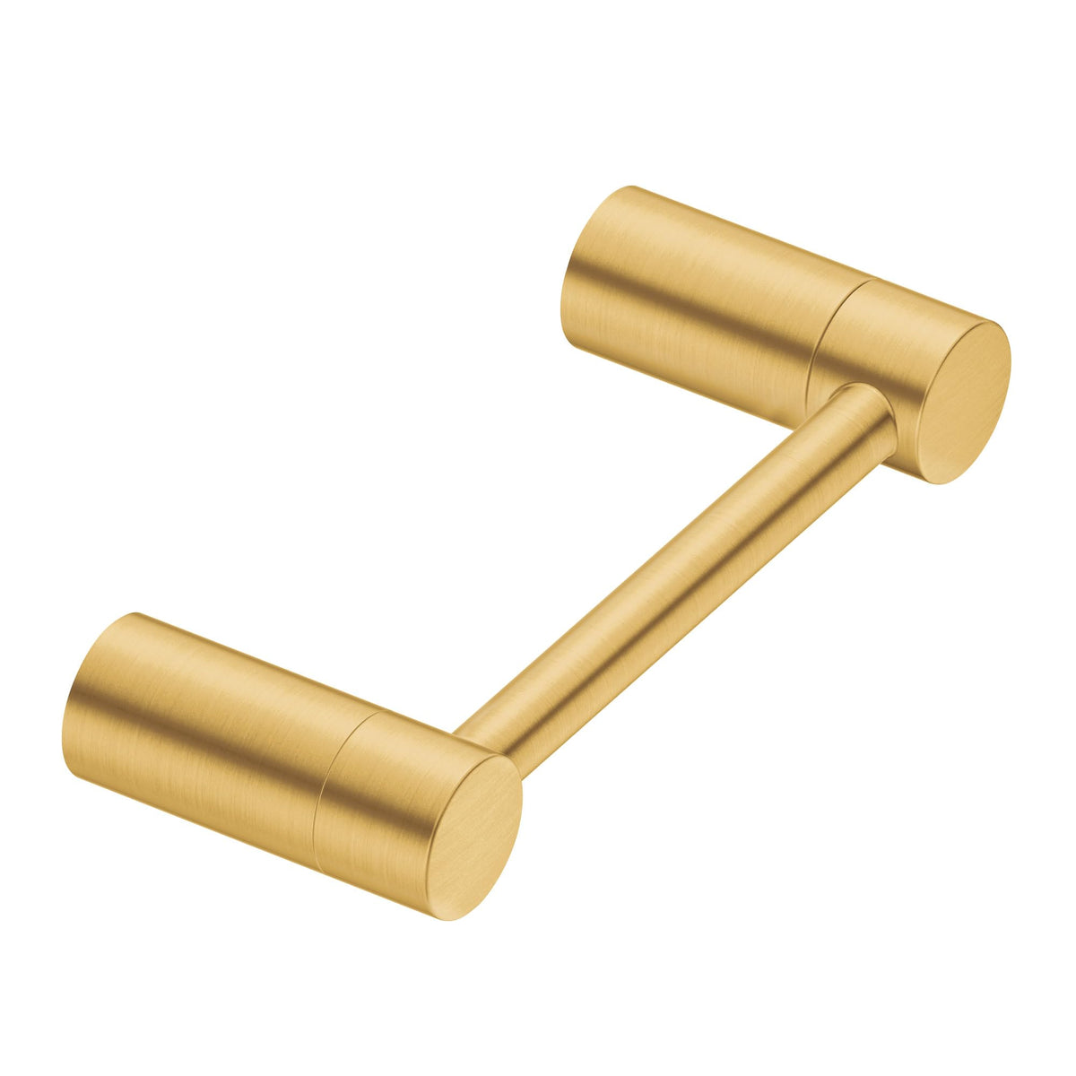 Moen Align brushed gold pivoting toilet paper holder with modern design and easy-roll action.