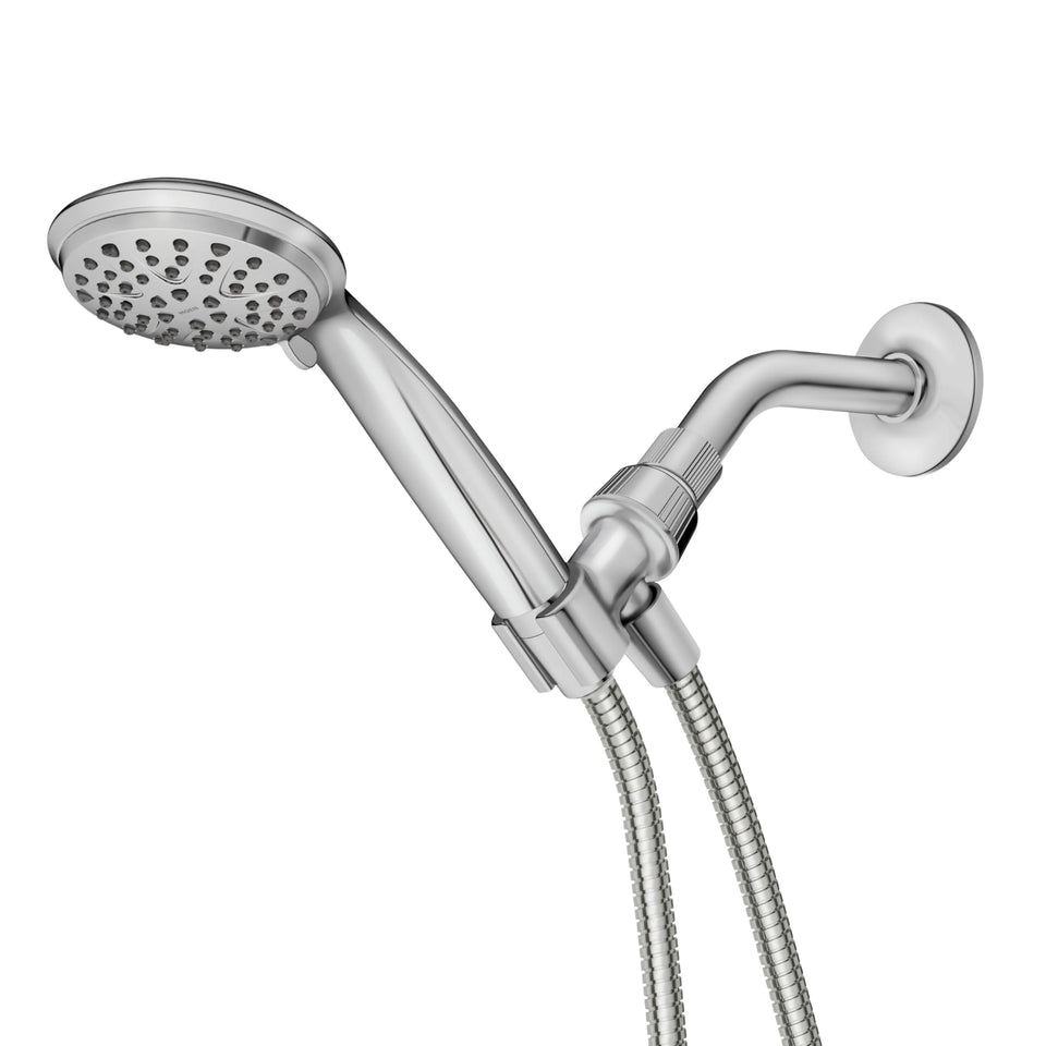 Moen Attune shower head with hose, full spray for thorough rinsing.