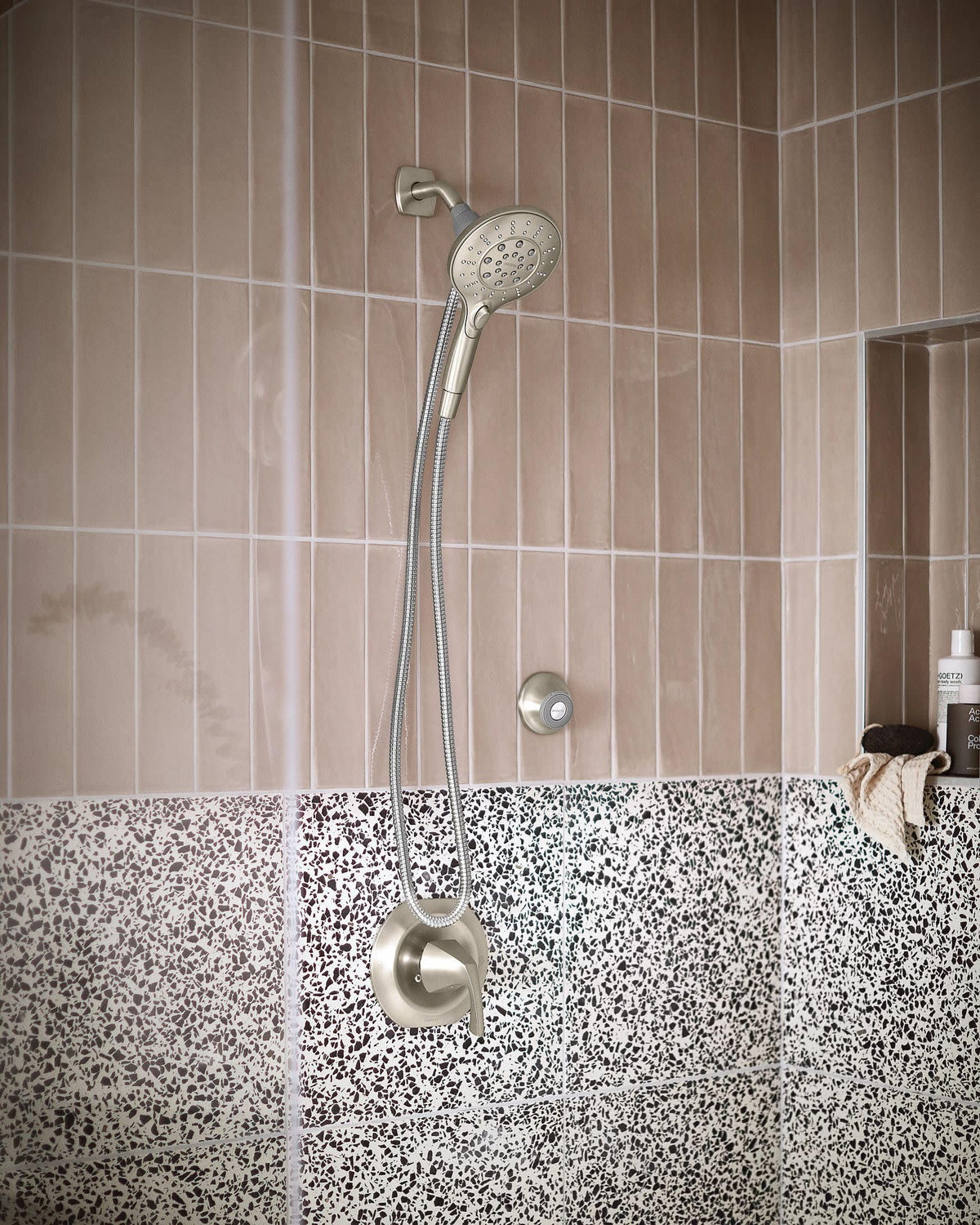 Moen bathroom scene highlighting versatile head positioning with dock.