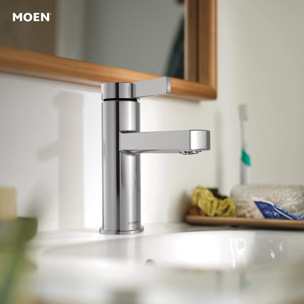 Moen Beric single-hole installation for minimalist vanity.