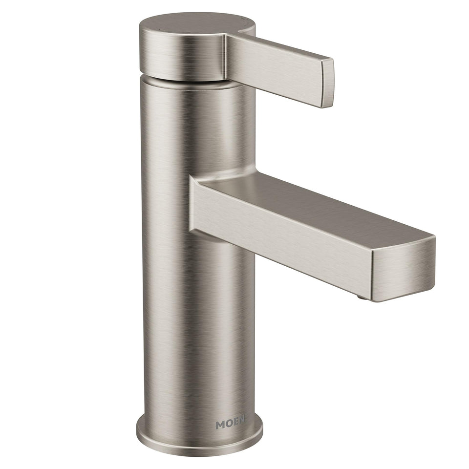 Moen Beric faucet front view emphasizes Spot Resist Nickel finish for cleaner surfaces.