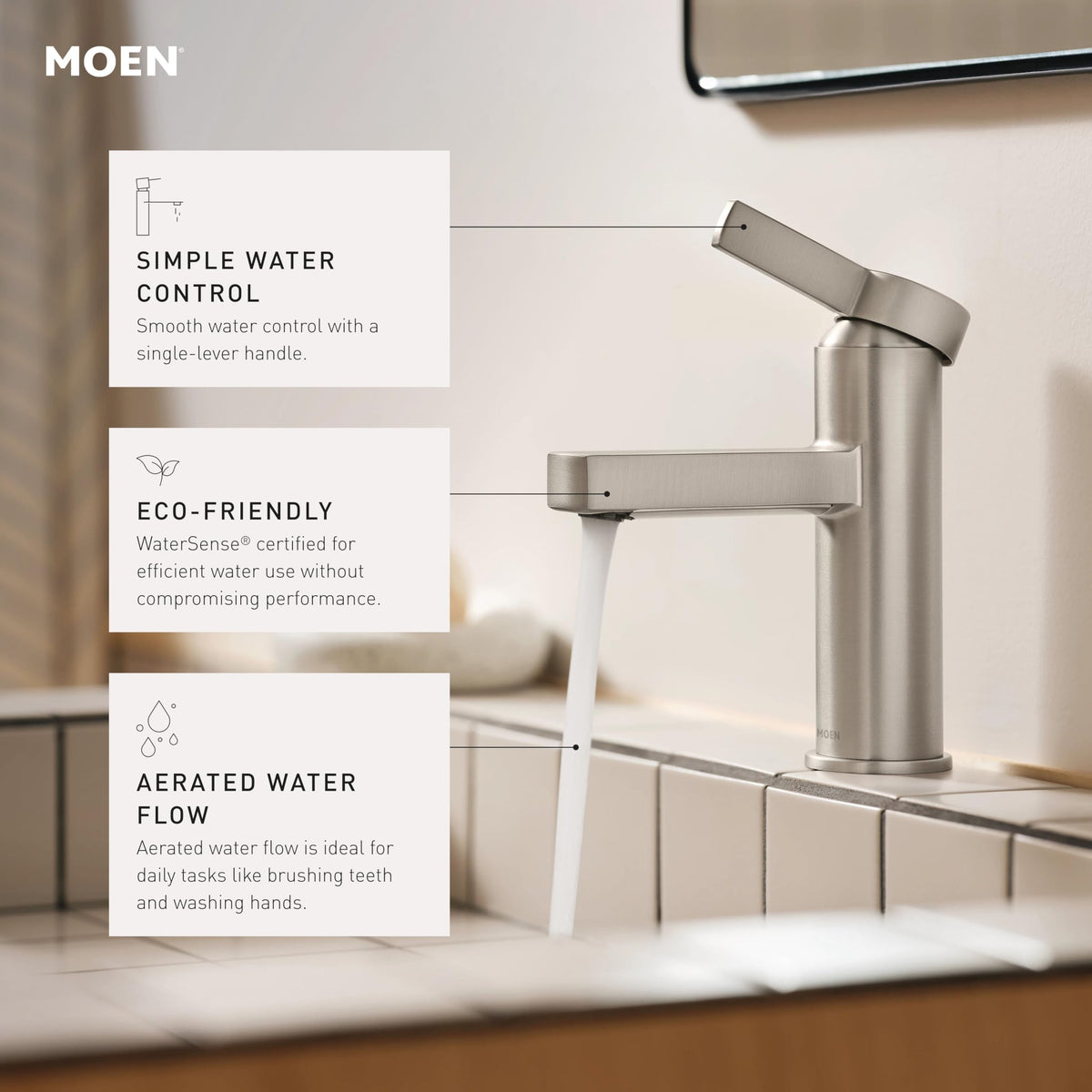 Moen Beric compact design suits contemporary bathrooms with sleek lines.