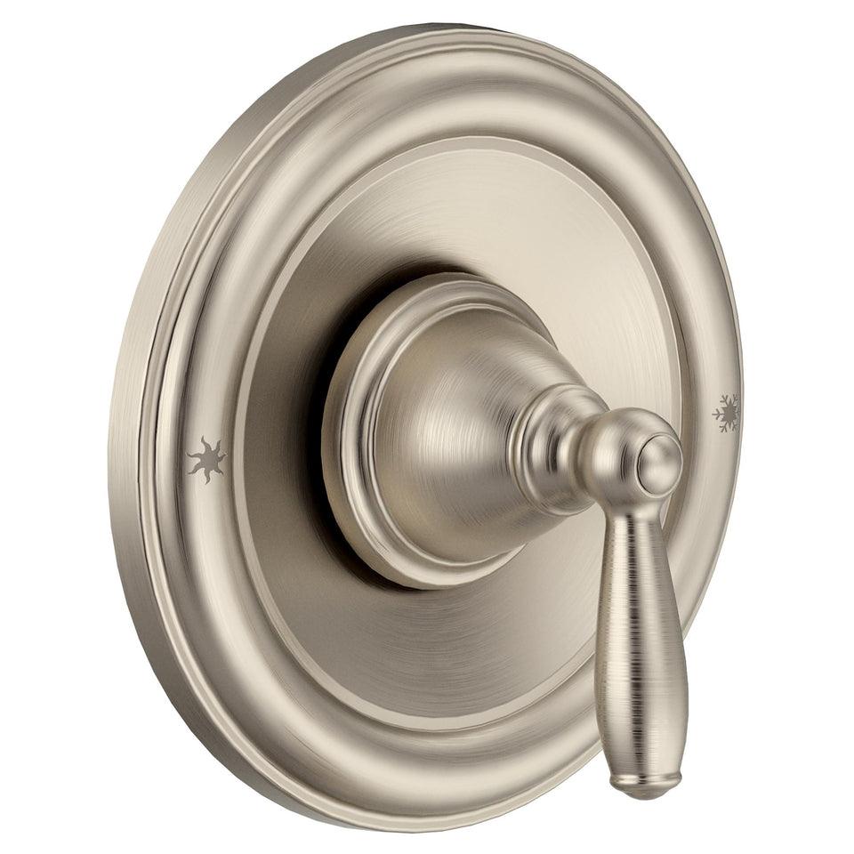 Moen Brantford brushed nickel shower trim with single-handle control for precise temperature