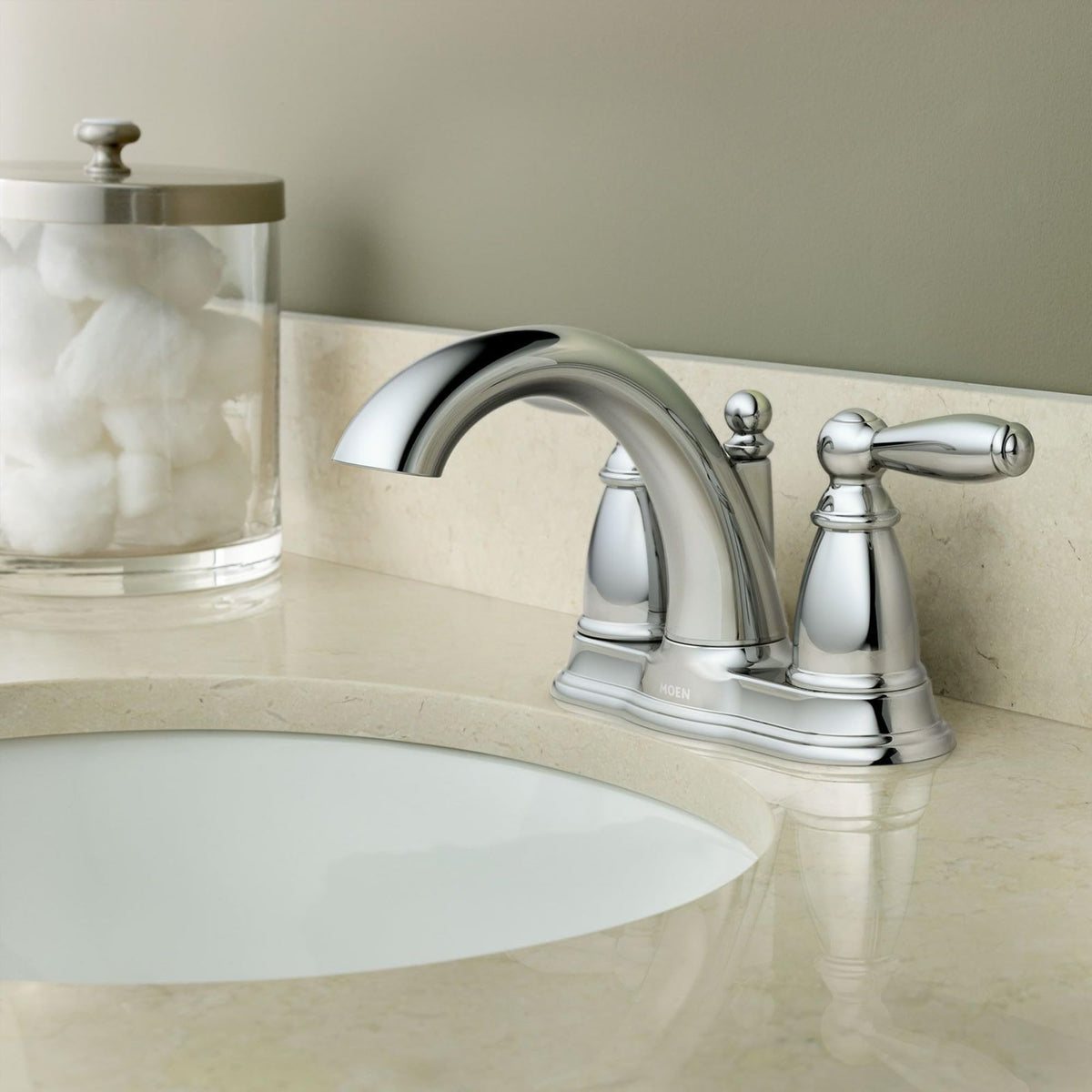 Moen Brantford chrome reflective finish enhances bathroom light