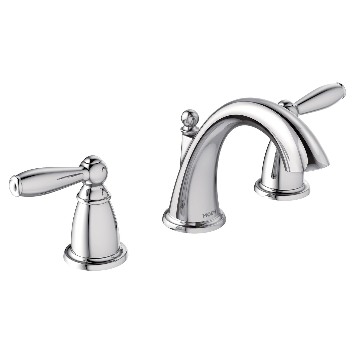 Moen Brantford chrome faucet with a slender arc spout for a refined bath.