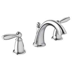 Moen Brantford chrome faucet with a slender arc spout for a refined bath.