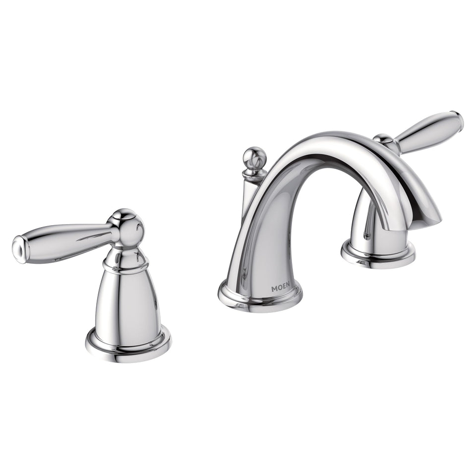 Moen Brantford chrome faucet with a slender arc spout for a refined bath.