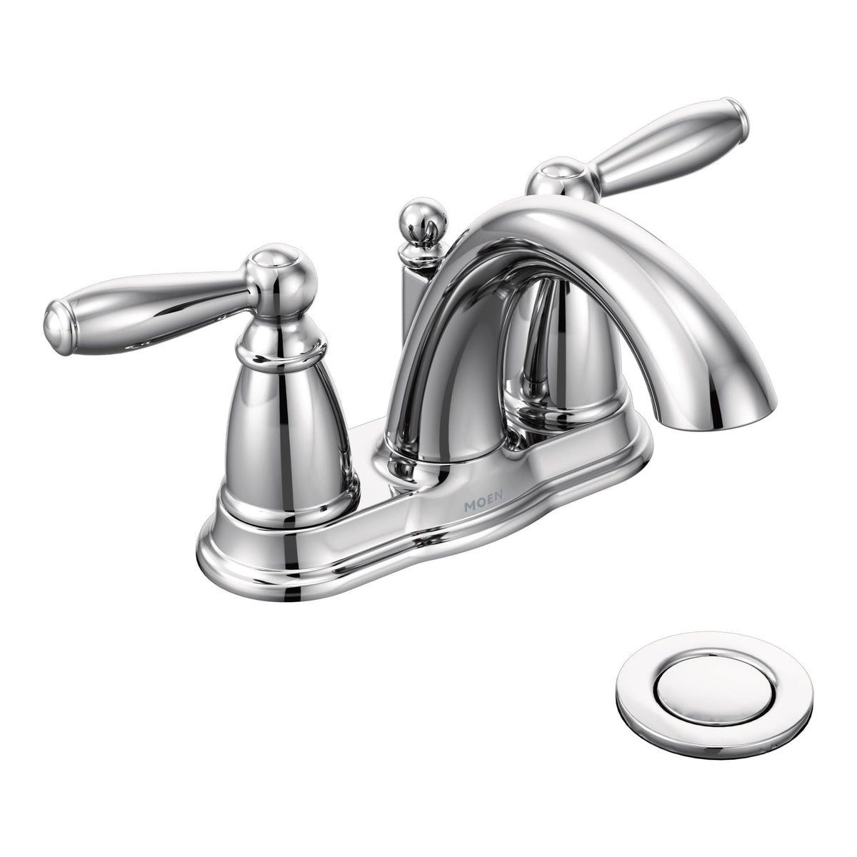 Moen Brantford chrome faucet spout close-up showing timeless aerated stream