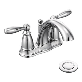 Moen Brantford chrome faucet spout close-up showing timeless aerated stream