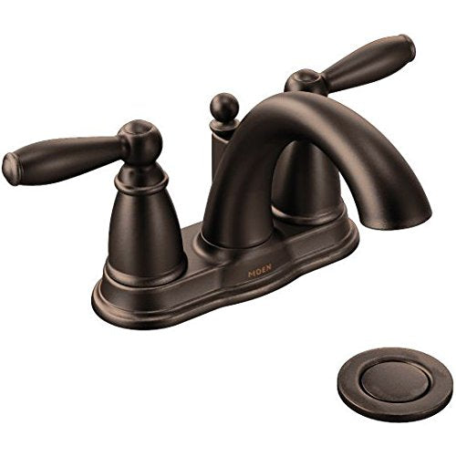 Moen Brantford oil-rubbed bronze faucet with classic silhouette for a timeless bath