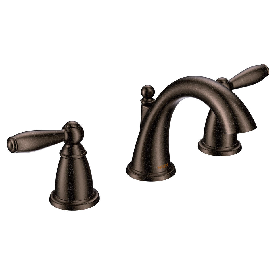 Moen Brantford oil-rubbed bronze faucet spout detail and shine for classic bath appeal