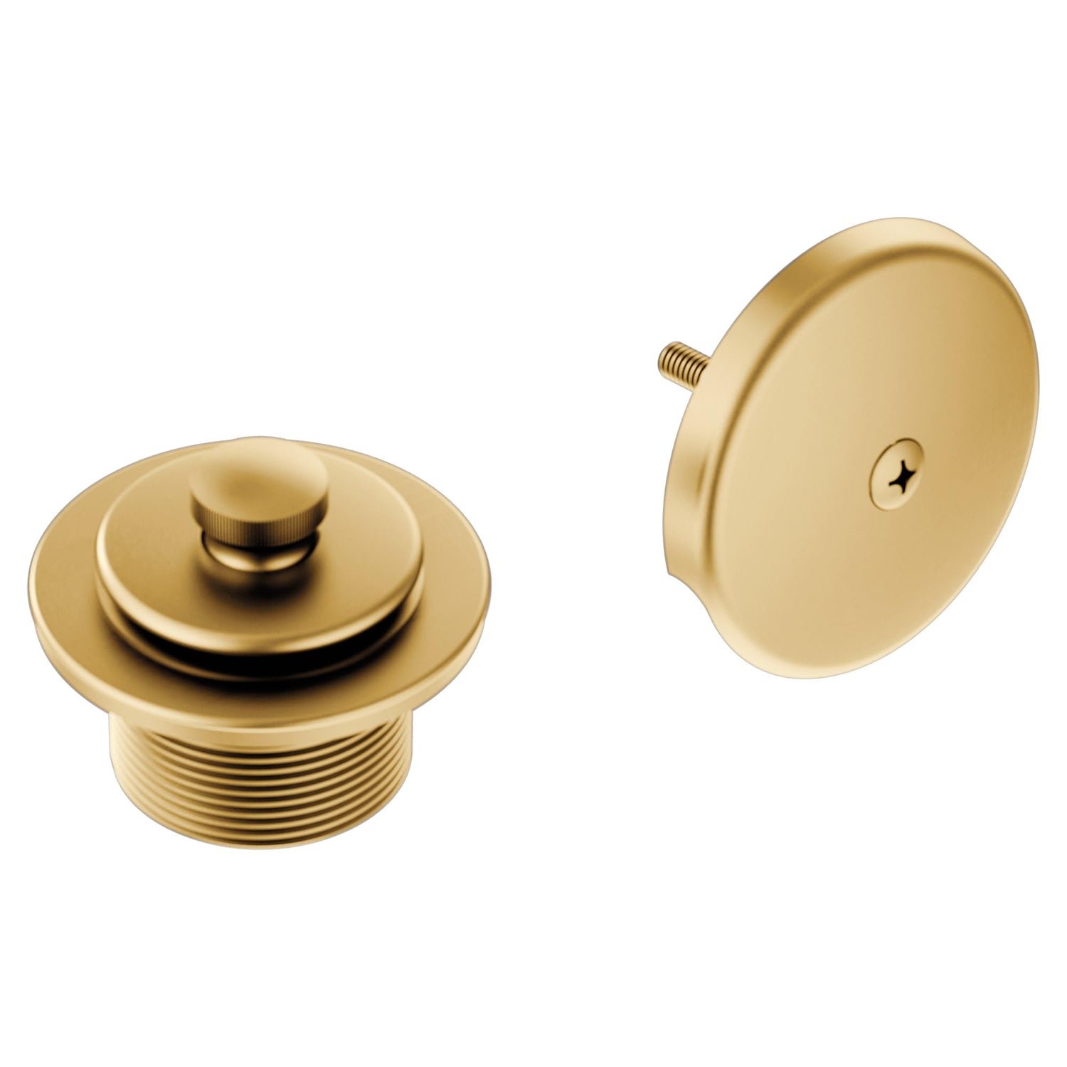 Moen brushed gold push-n-lock tub drain shown with sleek finish.
