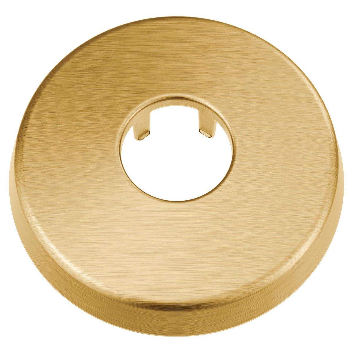Moen Brushed Gold shower arm flange front view adds elegant bathroom detail