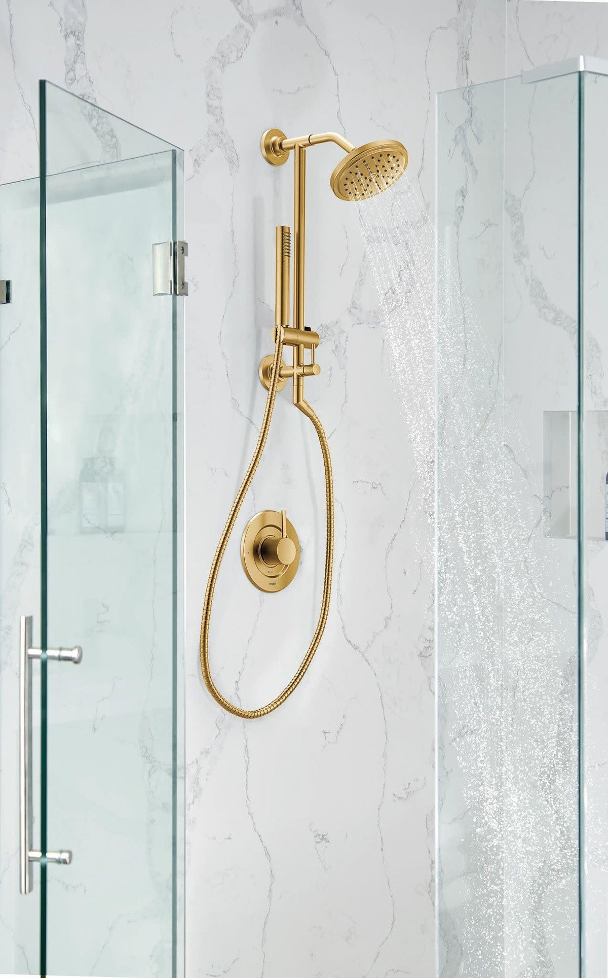 Moen Brushed Gold flange close-up texture highlights modern luxury