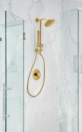 Moen Brushed Gold flange close-up texture highlights modern luxury