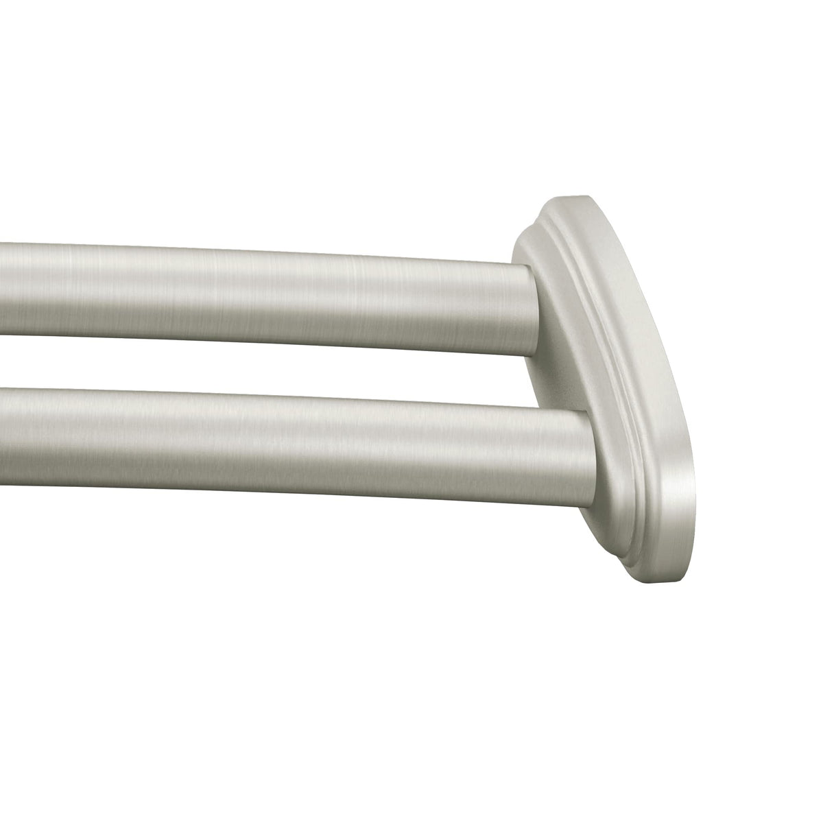 Moen brushed nickel double curved shower rod assembly shows adjustable fit and space