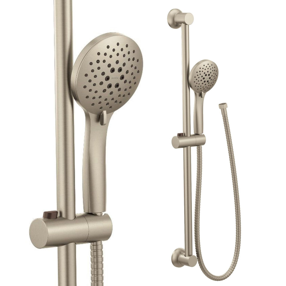 Moen Eco-Performance head with brushed nickel finish offering versatile spray options for flexible cleansing.