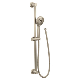 Moen Eco-Performance hand shower spray head close-up showing five settings for personalized showers.
