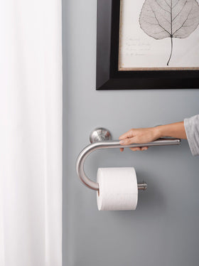 Moen brushed nickel grab bar with integrated toilet paper holder for convenience