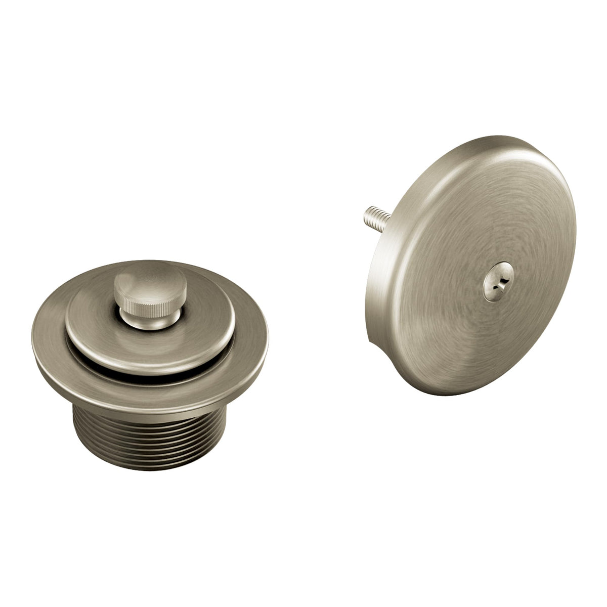 Moen brushed nickel push-n-lock drain close-up showing a secure seal to prevent leaks.