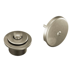 Moen brushed nickel push-n-lock drain close-up showing a secure seal to prevent leaks.