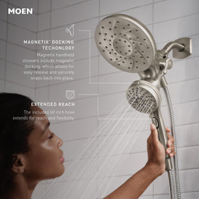 Spot Resist Brushed Nickel finish on Moen shower head resists fingerprints and water spots.