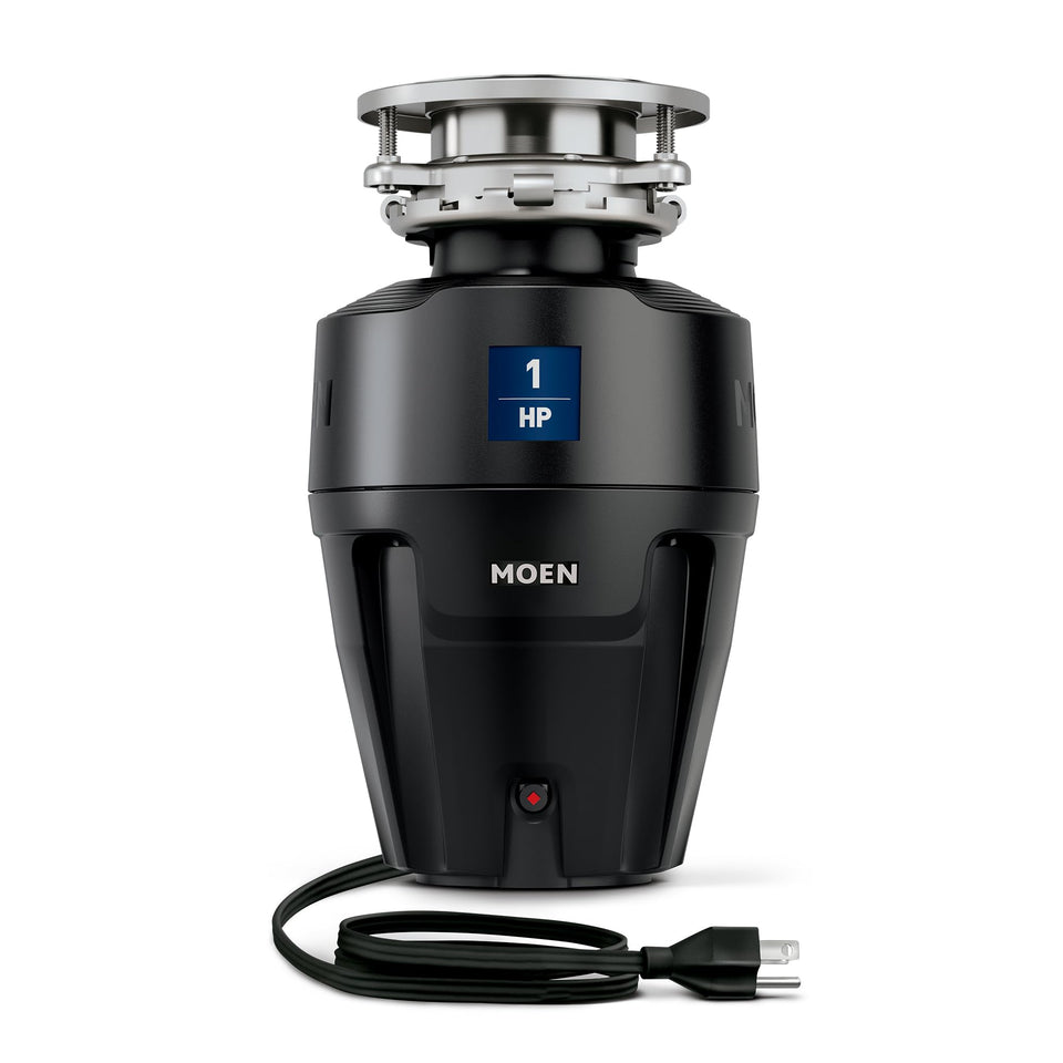 Moen Chef EX100C disposal under sink with quiet operation and powerful grinding.