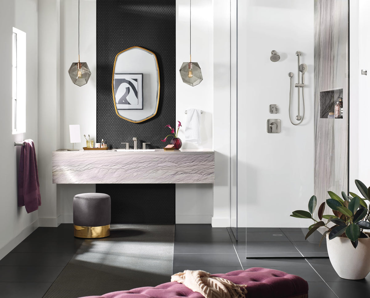 Moen chrome WaterSense emblem signaling water-efficient performance