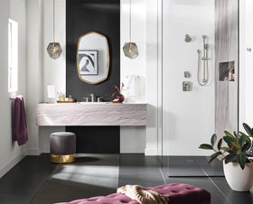 Moen chrome WaterSense emblem signaling water-efficient performance