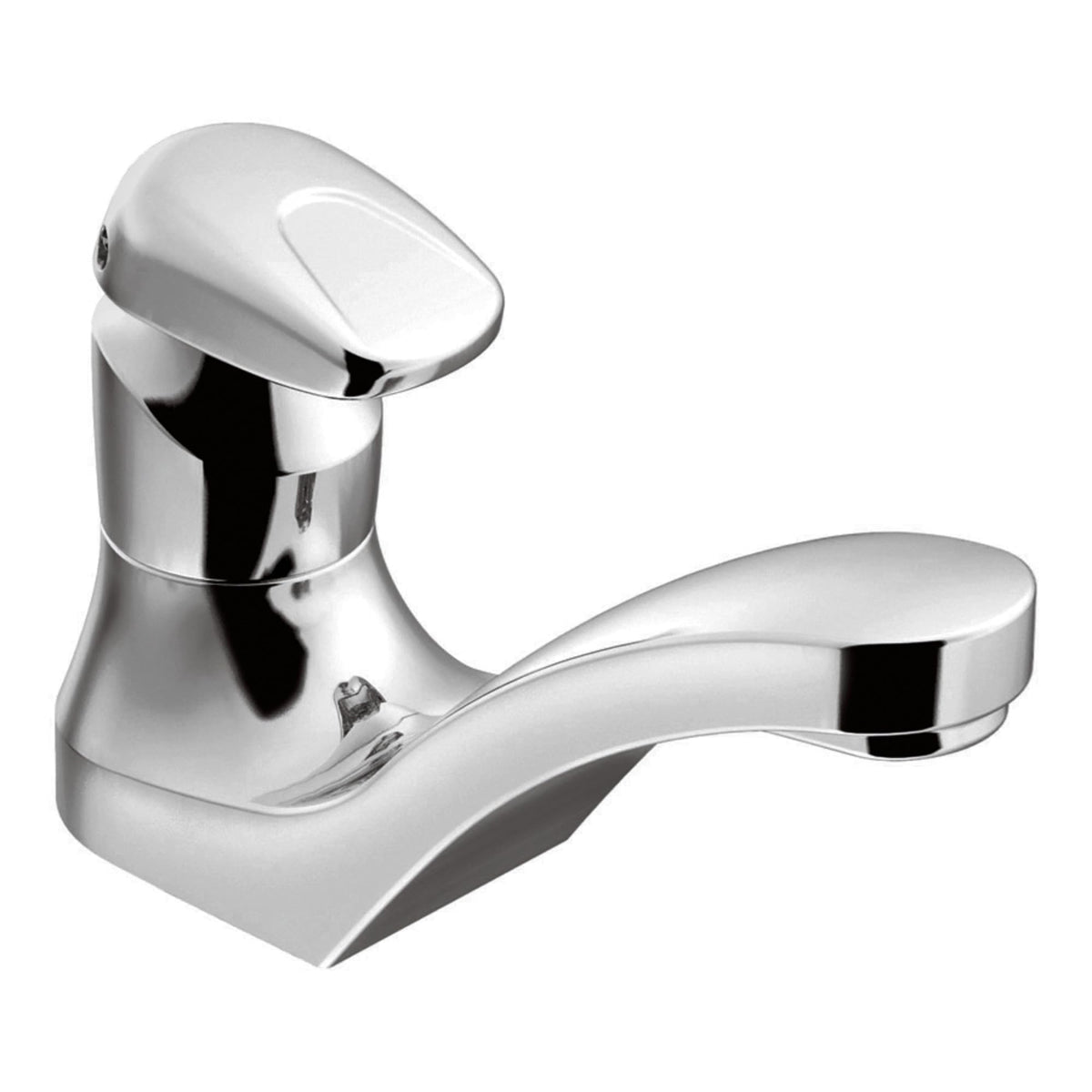 Moen commercial chrome metering faucet front view with durable finish for high-traffic restrooms