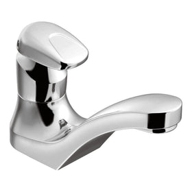 Moen commercial chrome metering faucet front view with durable finish for high-traffic restrooms