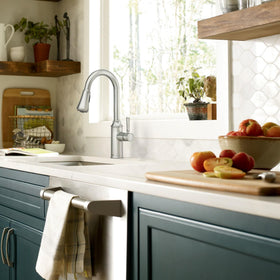 Moen Conneaut kitchen setup with faucet blends style and practicality.