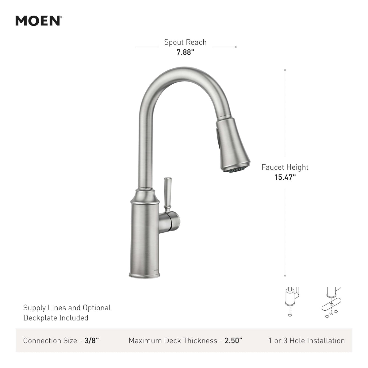 Moen Conneaut Power Clean button highlights 50% more spray power for faster cleanup.