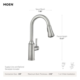 Moen Conneaut Power Clean button highlights 50% more spray power for faster cleanup.