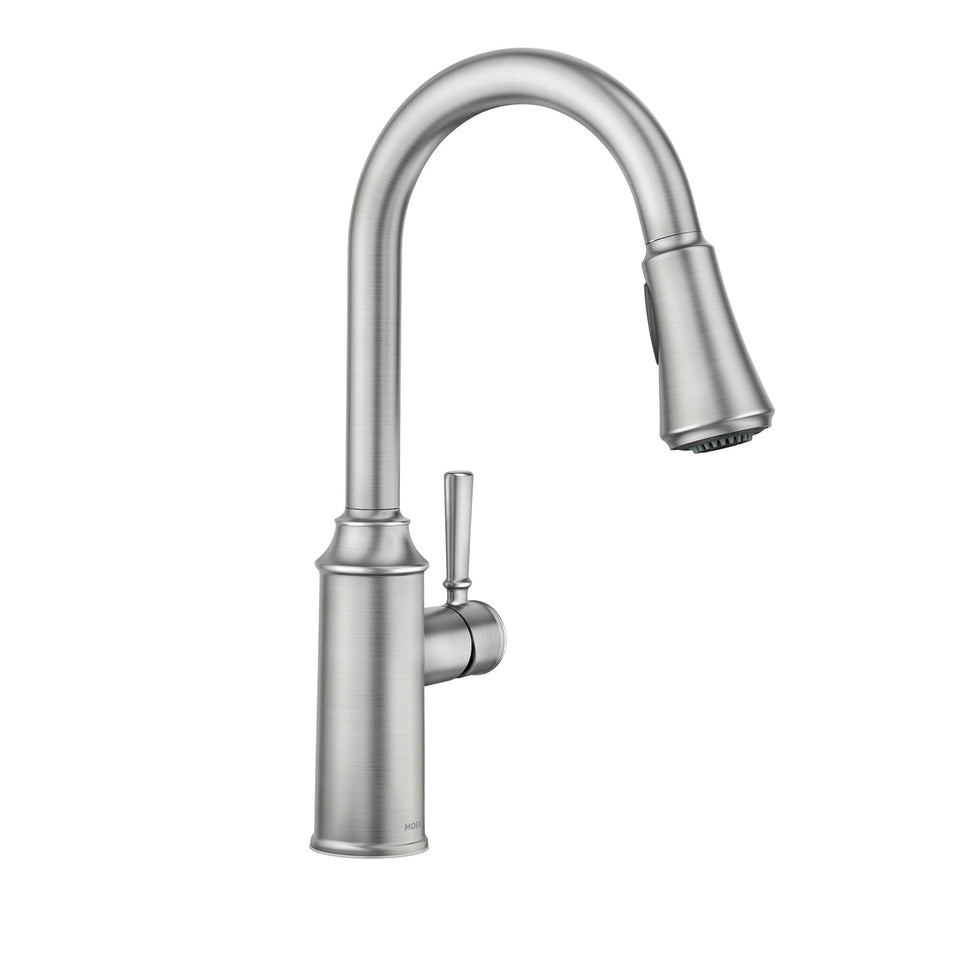 Moen Conneaut pull-down faucet spray demonstrates strong cleaning power for quick sink tasks.