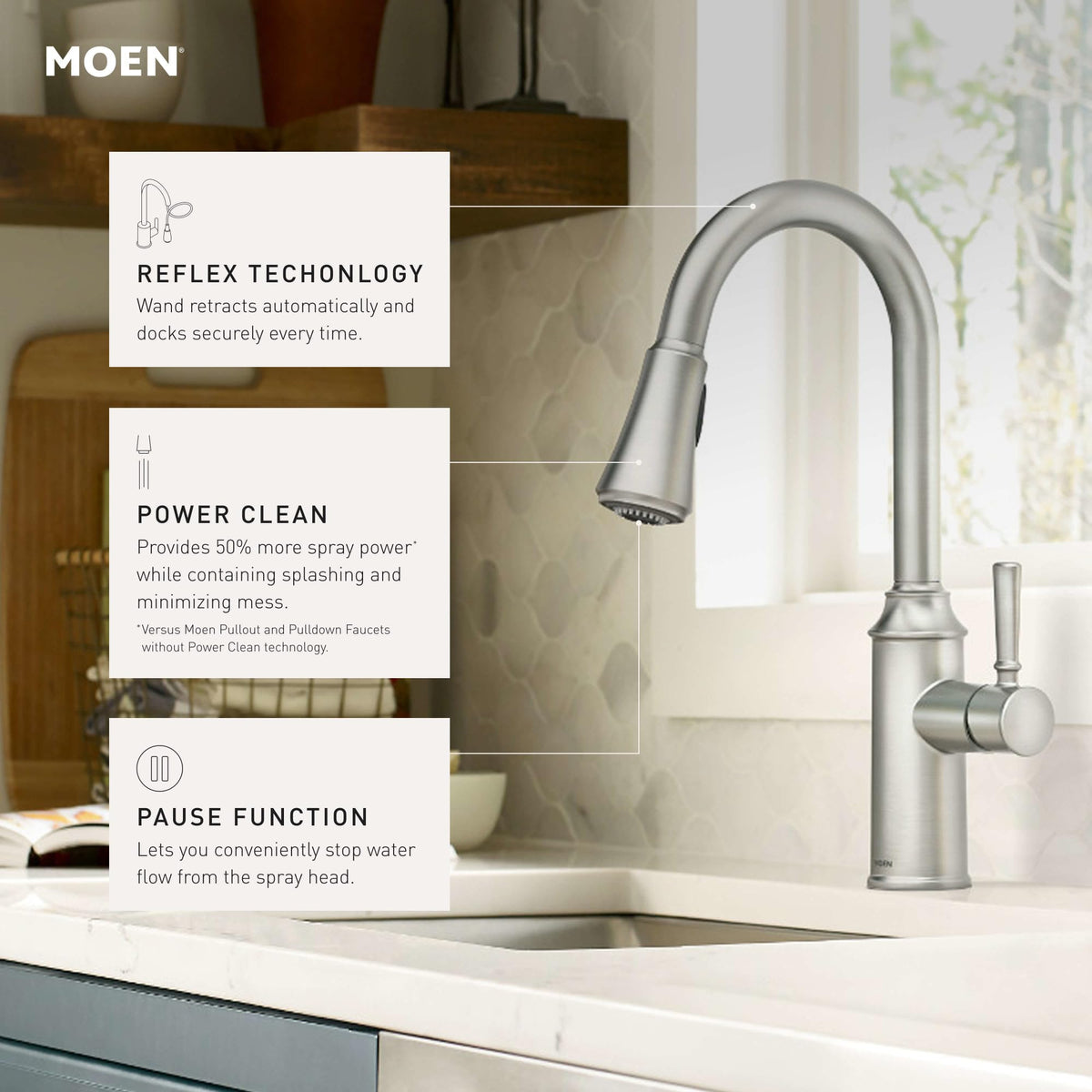 Moen Conneaut Reflex docking shows smooth head retraction and secure docking.
