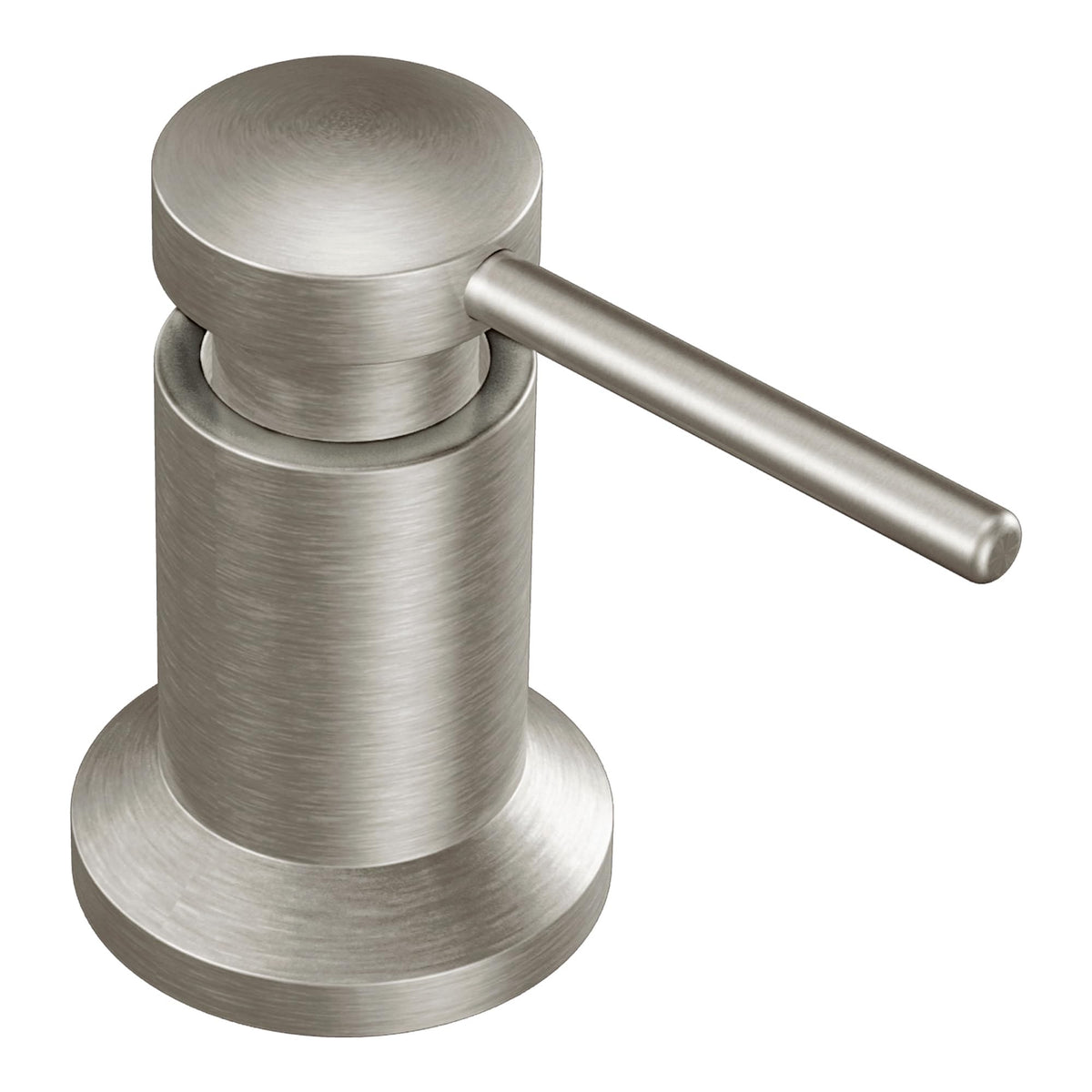 Moen deck mounted dispenser with spot-resist finish reduces fingerprints and water spots.