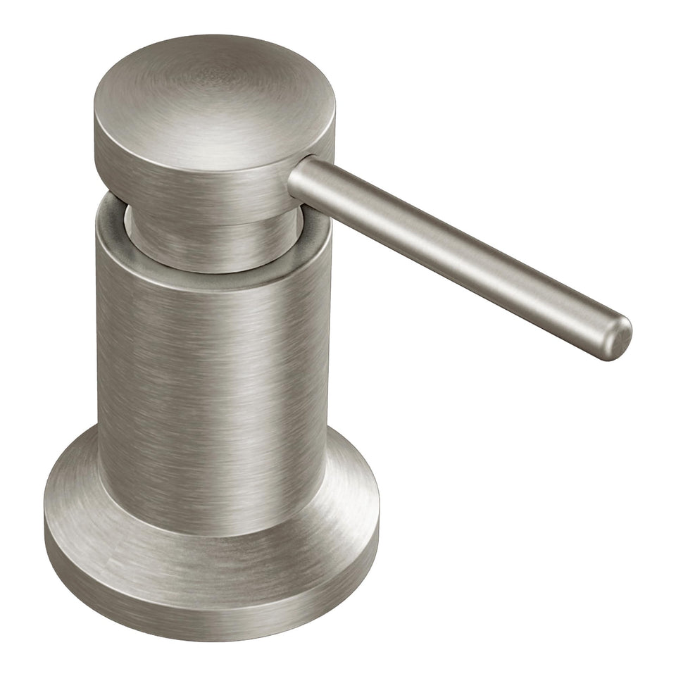 Moen deck mounted dispenser with spot-resist finish reduces fingerprints and water spots.