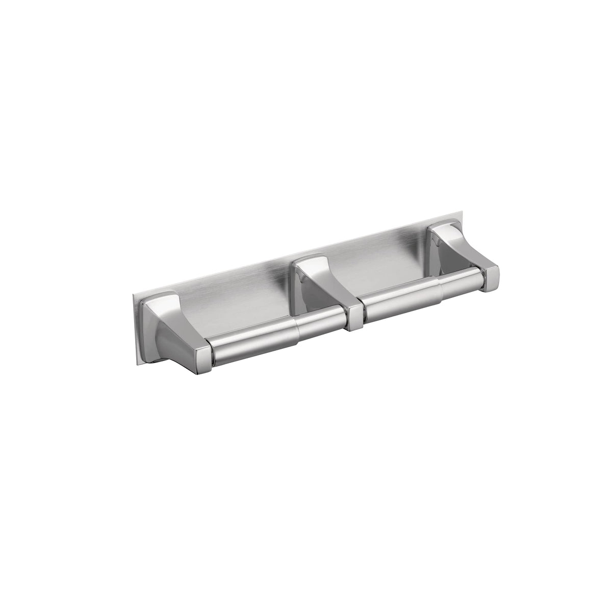 Moen Donner chrome double-roll paper holder mounted on wall with a mirror-like finish for commercial spaces.