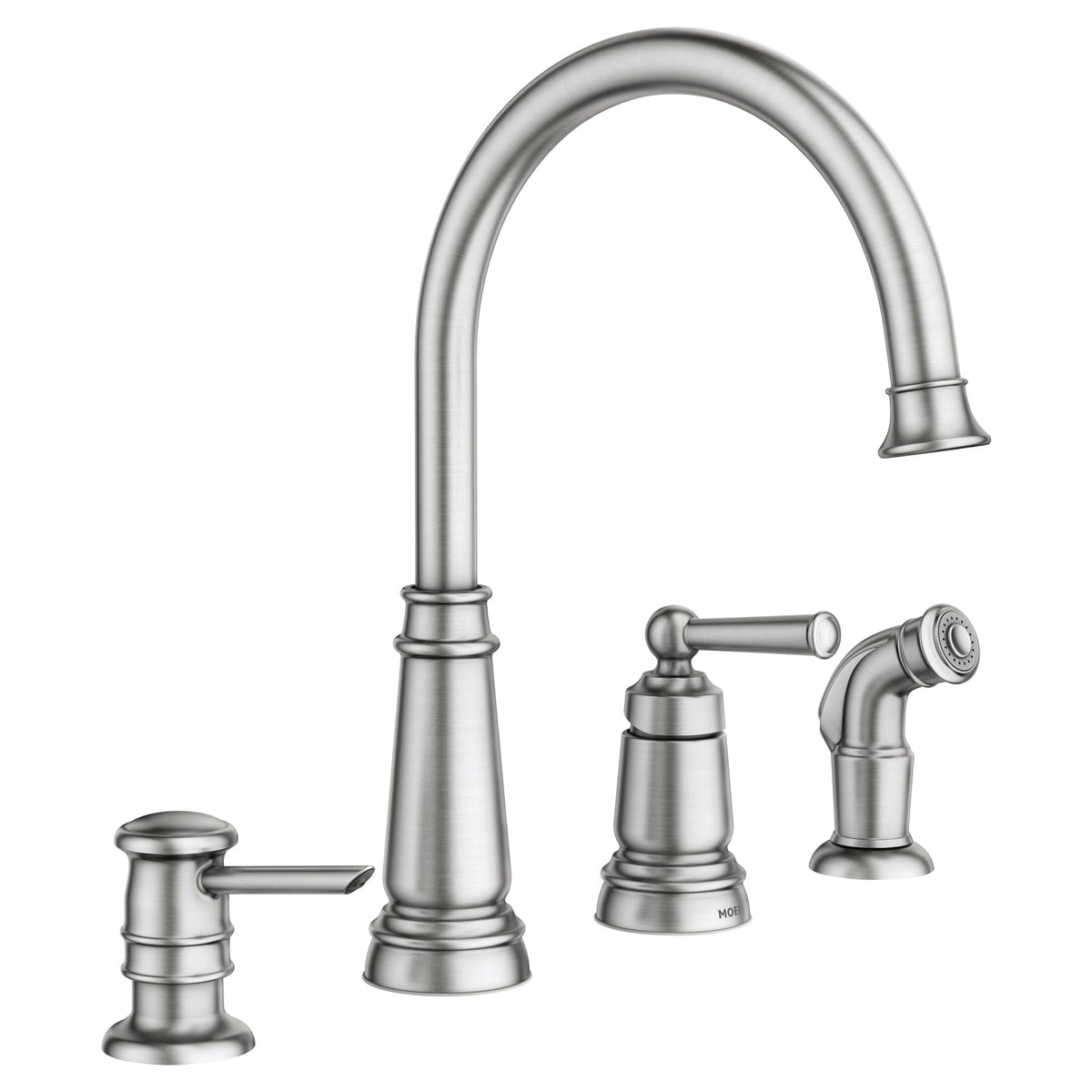 Moen Edison full faucet in spot-resist finish with high arc spout.